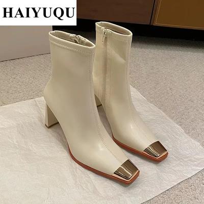 Dámské Trend Vysoké Podpatky Kotníkové Boty Čtvercová Špička Zimní Nové Párty Chelsea Boty Kůže Gladiátorky Goth Lodičky Botas Mujer