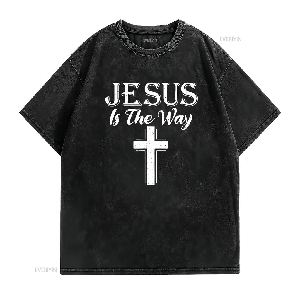 Jesus is the way God Religious T Shirt Black Large vintage Washed homme Soft Slightly Casual fashion graphic Unisex Comfortable