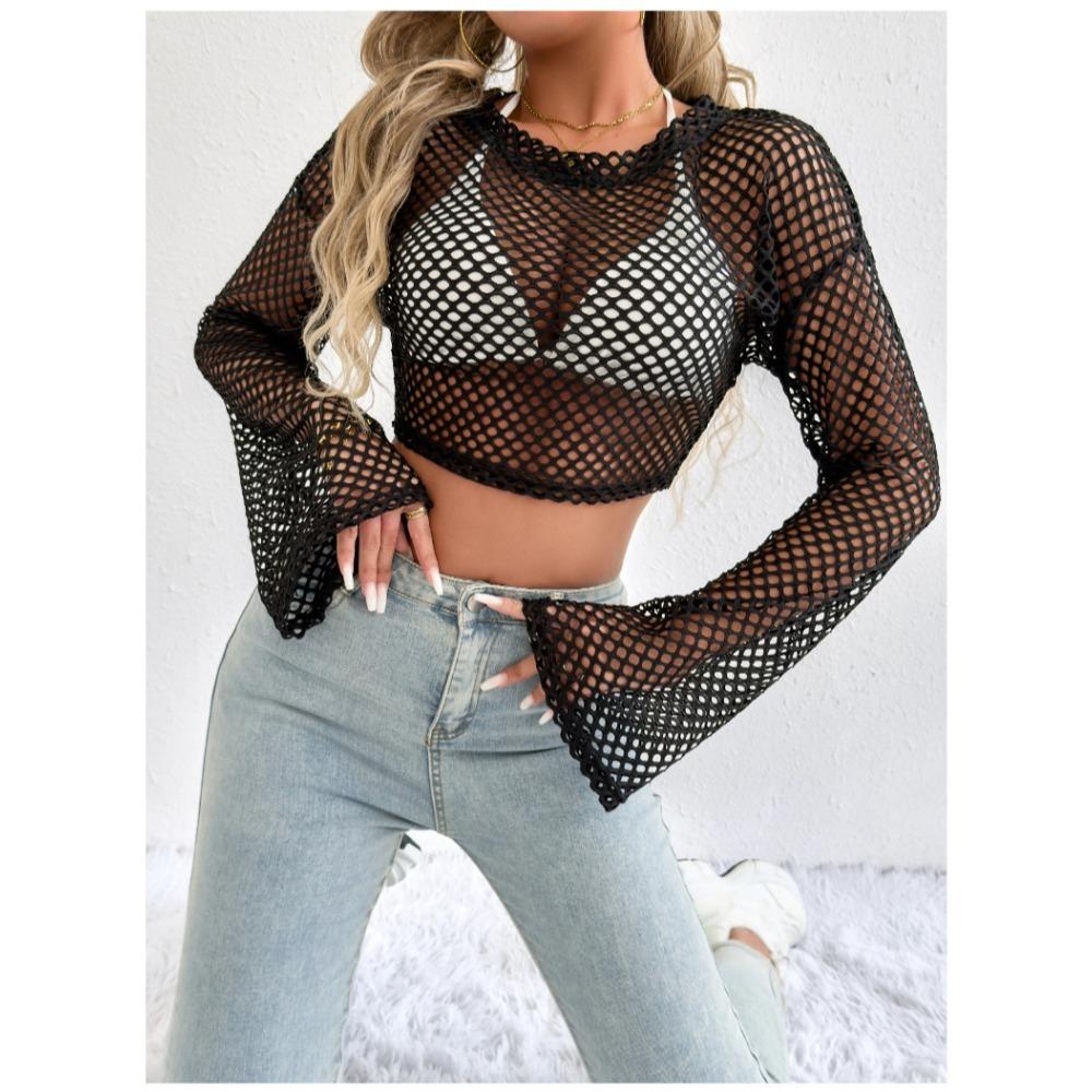 New Casual Perspective Sweater Flared Sleeves Loose Round Neck Hollow Navel Sweater for Women