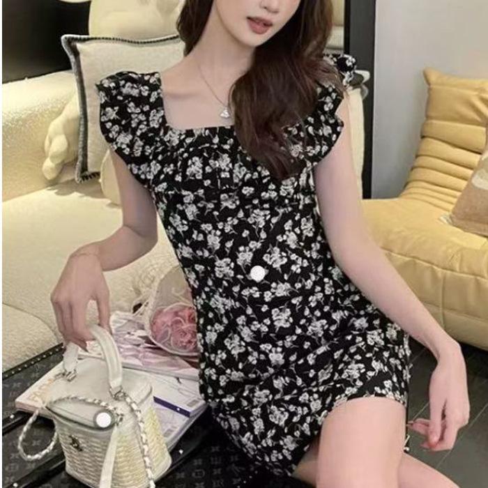 One-word shoulder floral dress children's summer new slim fit and thin hip skirt sweet and spicy pure sexy hot girls