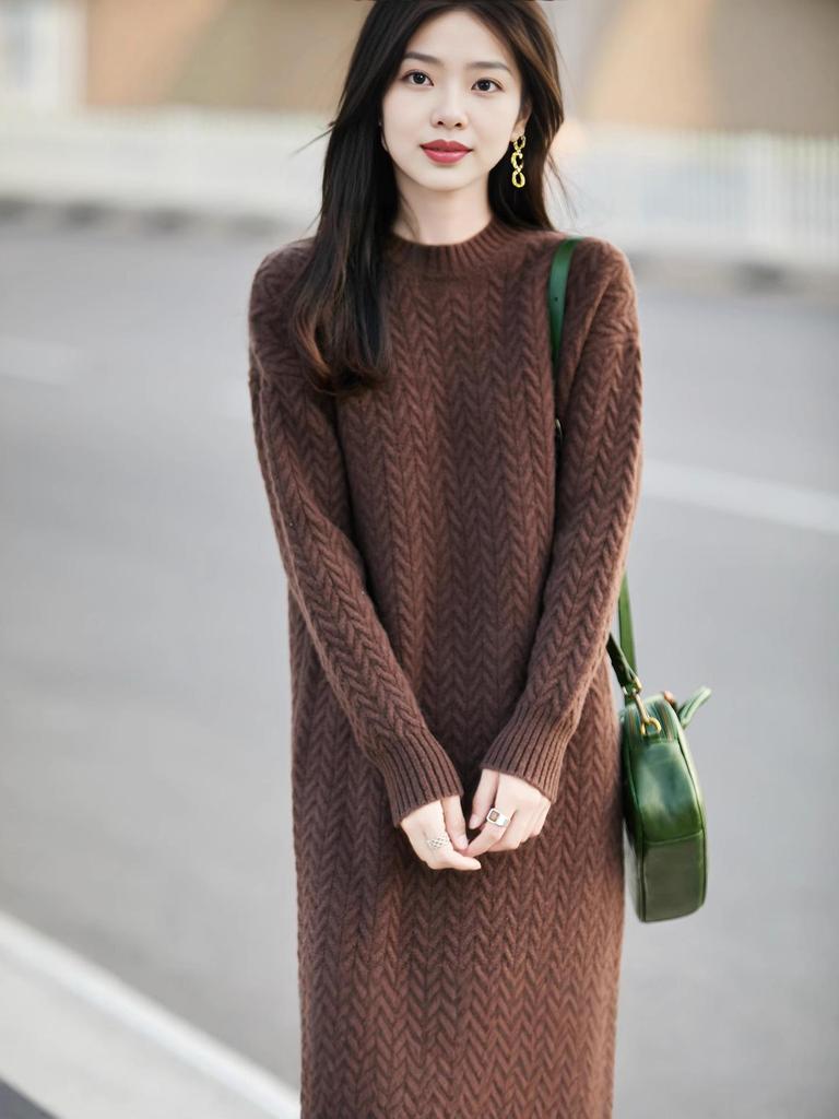 Women's Wool Cable Knit Dress & Coat Set - Autumn/Winter Collection