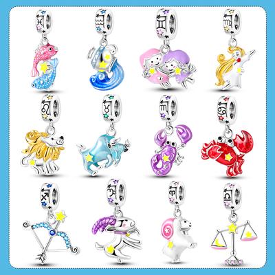 Colgante de plata 925, 12 signos del zodiaco, constelación, dijes aptos para pulsera de estilo moderno, collar, joyería para mujer, regalos de cumpleaños 