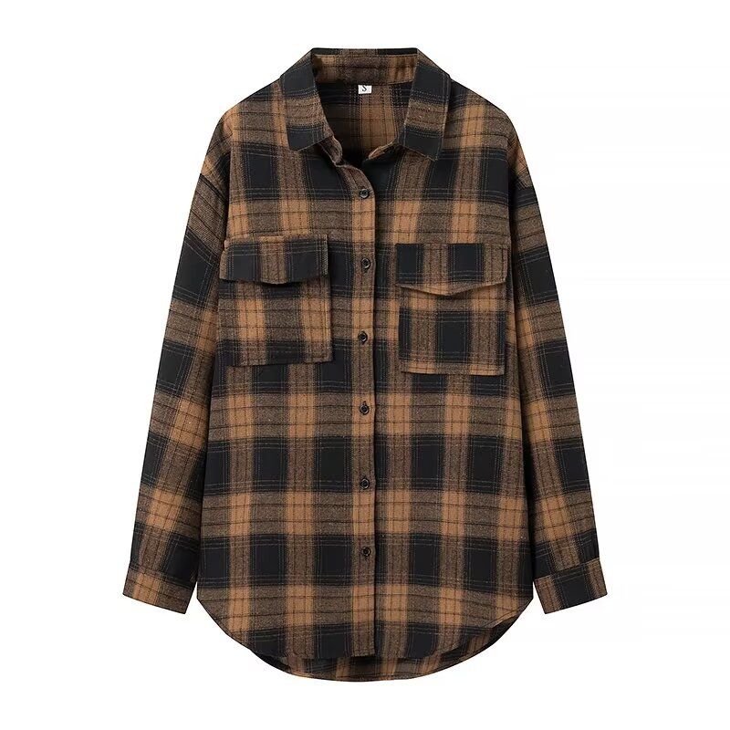 

Kaslead New Arrival Women s Clothing Fashion Style Fashion Casual Minimalist Easiest for Match Retro Gingham Long Shirt Tops Brown L