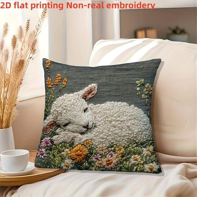 Cute Lamb Floral Pillow Cover 2D Print Sheep On Wildflower Cushion Case For Sofa Bed Couch Boho Nursery Decor