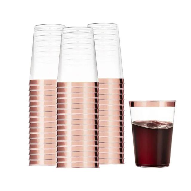 50/100 ks 10oz čiré plastové kelímky se zlatým okrajem, elegantní jednorázové plastové sklenice na víno pro svatby a večírky