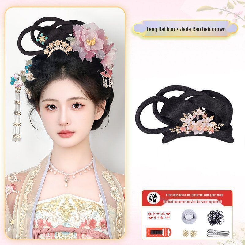 Hanfu Soft Bottom Wig with Tang & Ming Style Hair Bun Headdress for Performance