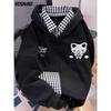 Fake Two Pieces Cartoon Embroidery Hoodies Y2k Aesthetic Casual Loose Sweatshirt Women Harajuku Plaid Patchwork Vintage Hoody