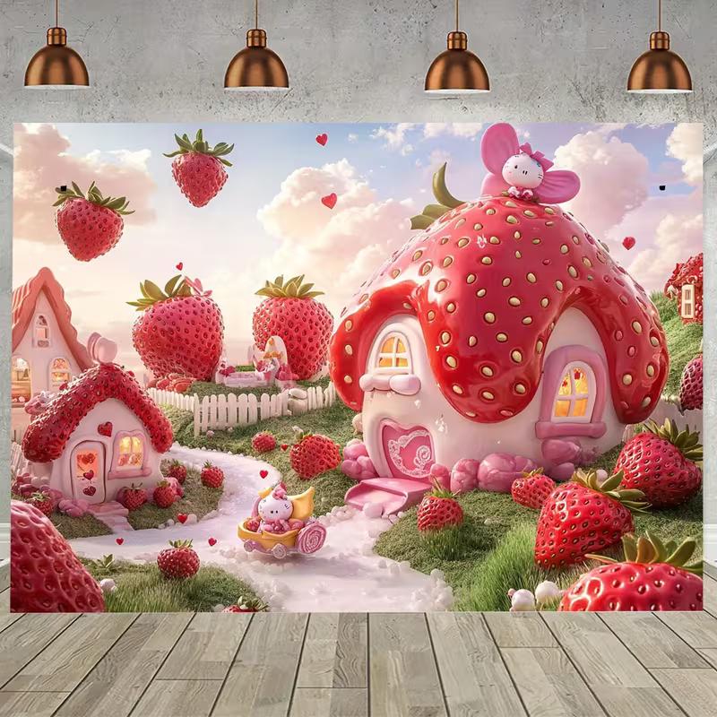 

2D Cute Strawberry Backdrop, Dreamy Strawberry Village with Hearts and Clouds Background 47.2x31.5inch/120*80cm