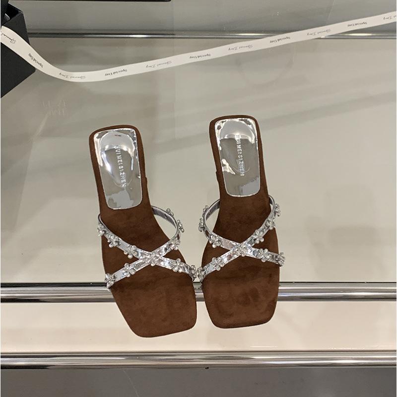 2025 Spring and Autumn New Fashion Versatile Special-shaped Slope Heel Cool Slippers Women's Summer Wear Half-drag Rhinestone High Heels