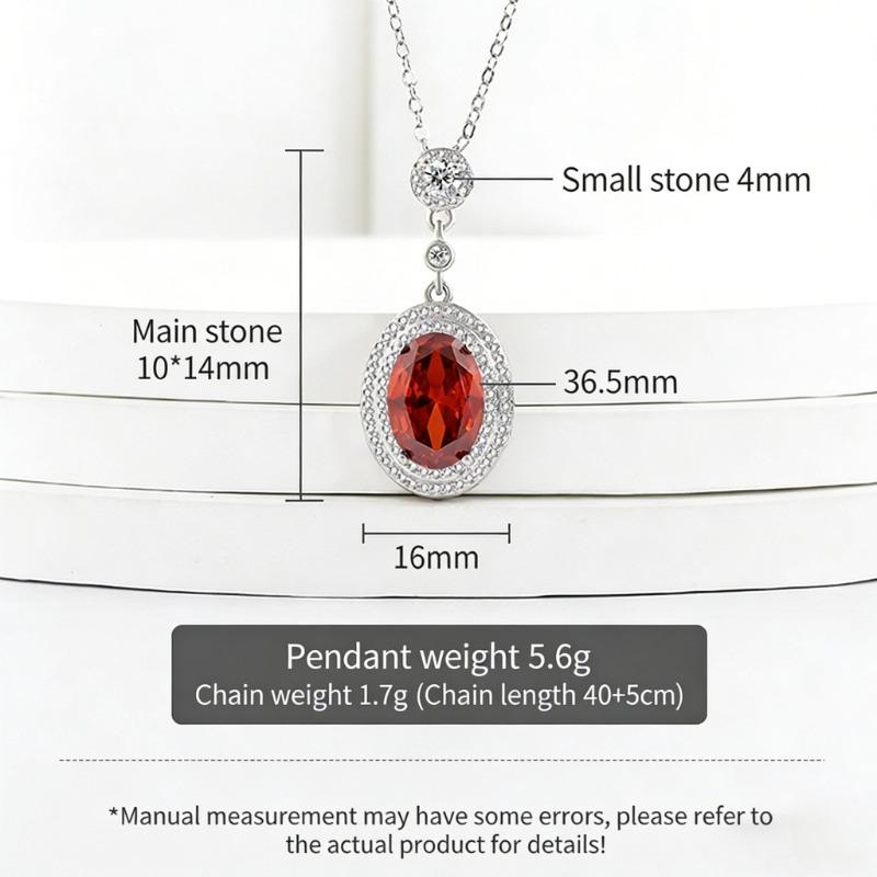 925 Sterling Silver Garnet Red Oval Zircon Pendant Necklace Birthday Party Anniversary Gift