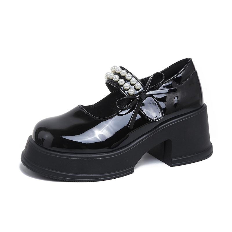 Fashion Vintage High Heels Mary Jane Shoes for Women 2025 Patent Leather Platform Pumps Woman Pearls Thick-Heeled Shoes Female