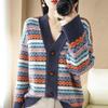 Women's Retro Striped V-Neck Cardigan - Thick Knitted Jacquard Sweater for Spring