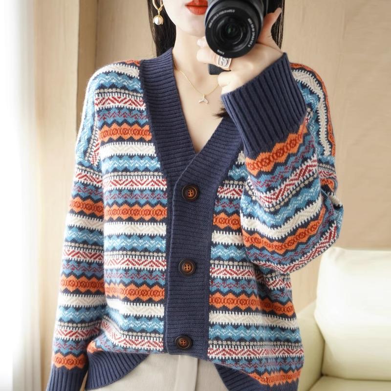 Women's Retro Striped V-Neck Cardigan - Thick Knitted Jacquard Sweater for Spring