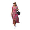 2024 European & American Women's Summer V-Neck Print Tie-Up Dress