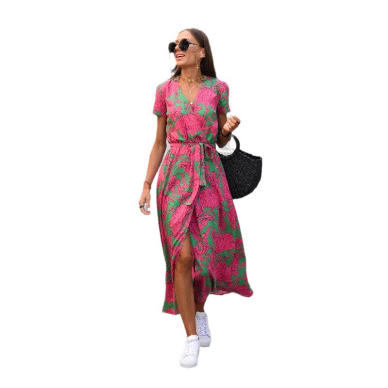 2024 European & American Women's Summer V-Neck Print Tie-Up Dress