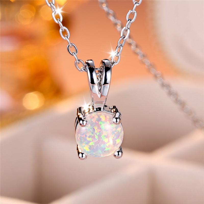 

Cute Female Small Round Fire Opal Stone Pendant Necklace Vintage Silver Color Wedding Jewelry Gift For Women білий