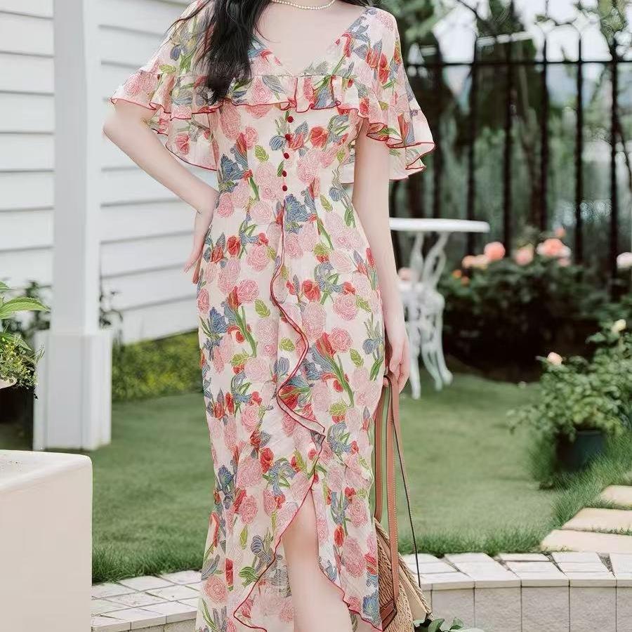 French Gentle Wind Very Fairy Skirt Summer Dress V-neck Ruffle Edge Niche Irregular Oil Painting Floral Dress