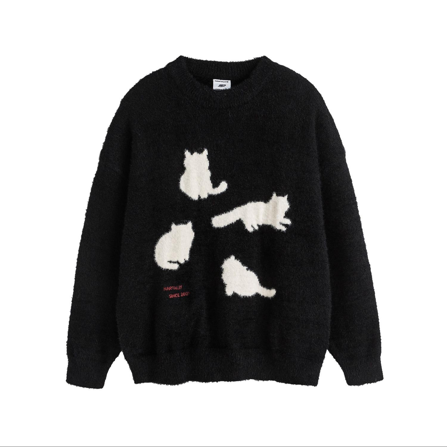 Little Cat Jacquard Round Neck Sweater for Men & Women - Autumn/Winter Casual Couple s Pullover Knitwear L чёрный