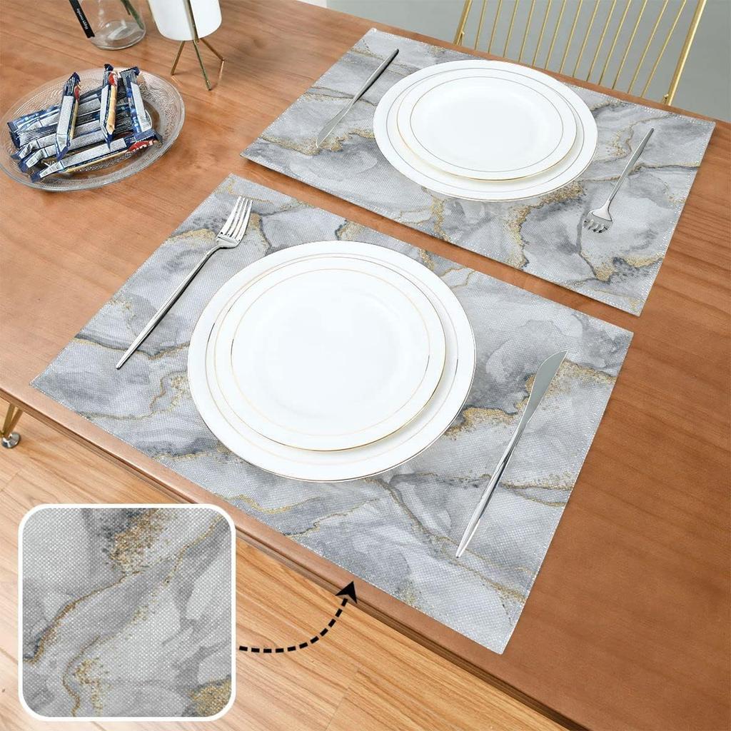 Placemats Set of 6, Abstract Texture White Marble Gold Veins Dining Table Mats Non Slip Vinyl Placemat Kitchen Heat Resistant Washable