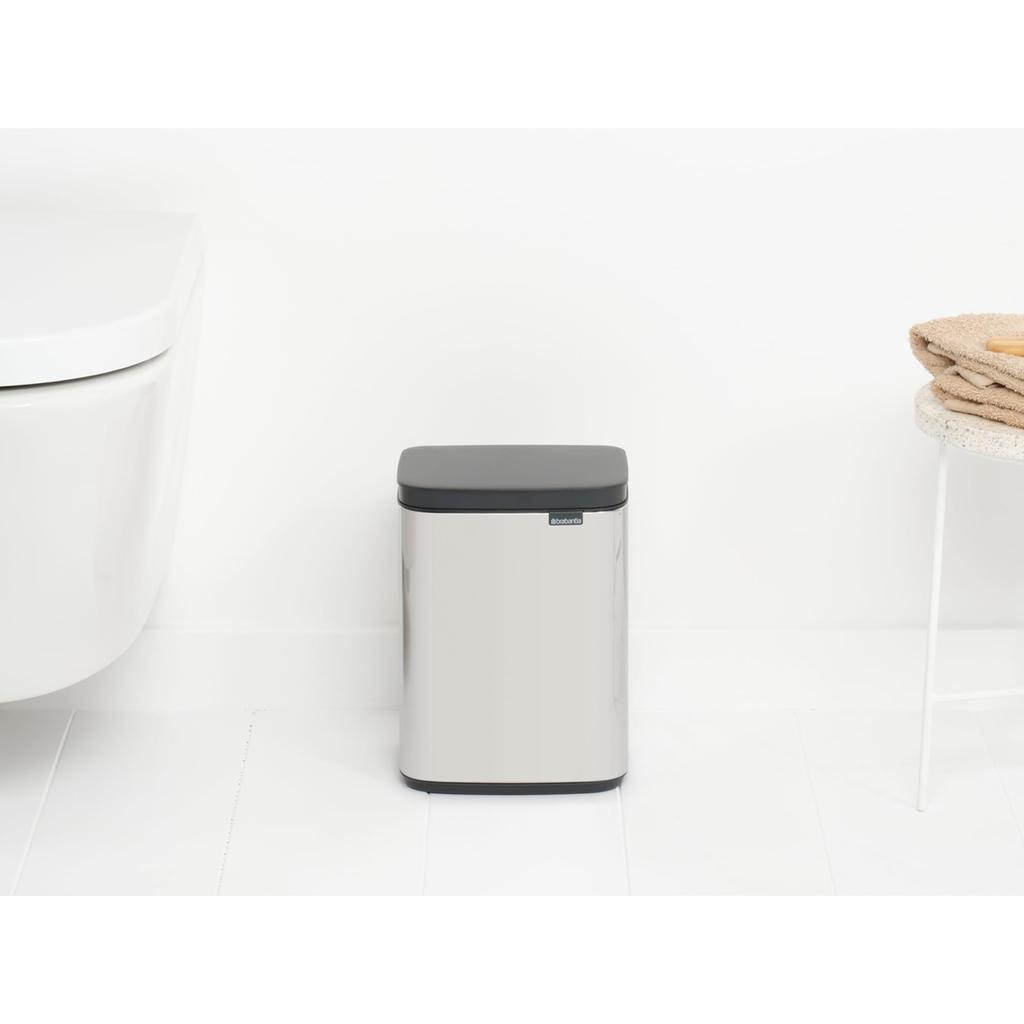 Brabantia Waste Bin with Lid, Manual Operation, Water Resistant, 4L, 20cm (W) x 17.2cm (D) x 27.2cm (H), Made in Belgium, Bo Waste Bin, Brilliant Stee