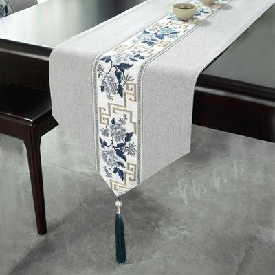 Vintage Retro Table Flag Chinese Style Waterproof Floral Table Runner Decorative with Tassel Tea Table Cloth Festive Party Decor