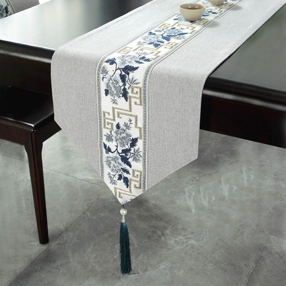 Chinese Style Retro Table Flag Washable Tea Table Cloth Floral Table Runner Festive Party Decor