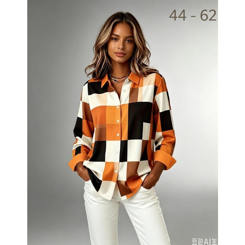 Spring and autumn elegant long-sleeve shirt, printed lapel button-up cardigan women's top