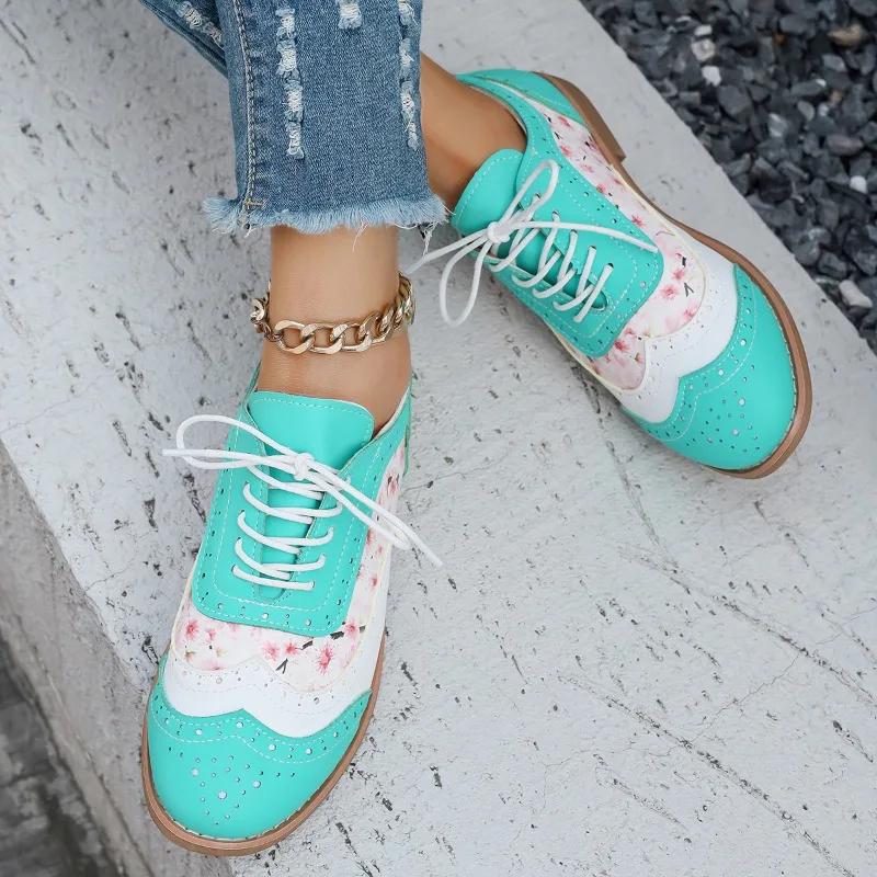 Fashion Shoes Female Hot Sale Lace Up Women's Pumps Autumn Round Toe Mixed Colors Outdoor Casual Low Heel Large Size Office Ladies Shoes