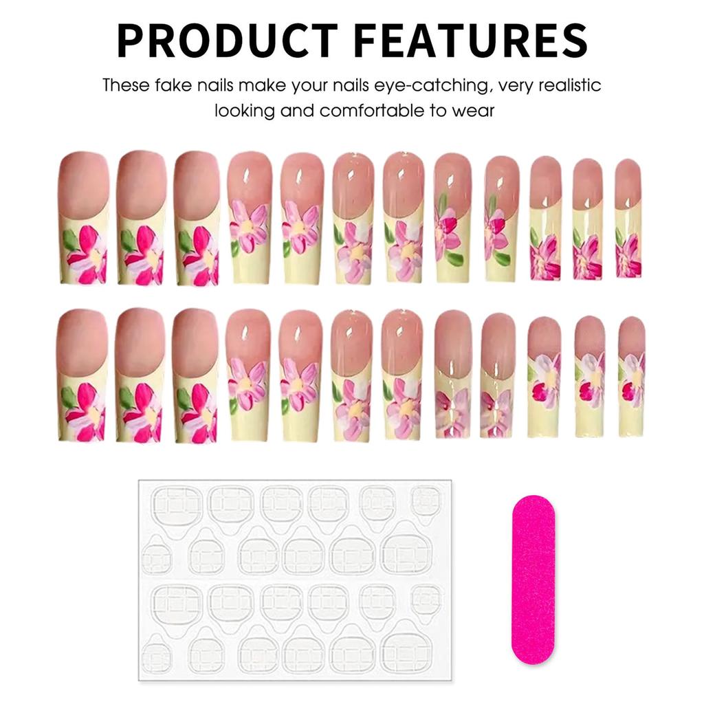 24Pcs Flower Design Fake Nails Resin Charming Reusable False Nails for Party and Daily Use