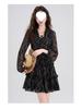 Chic Retro Floral Chiffon Dress: Petite Waist-Cinched Slim Black Style for Autumn & Winter