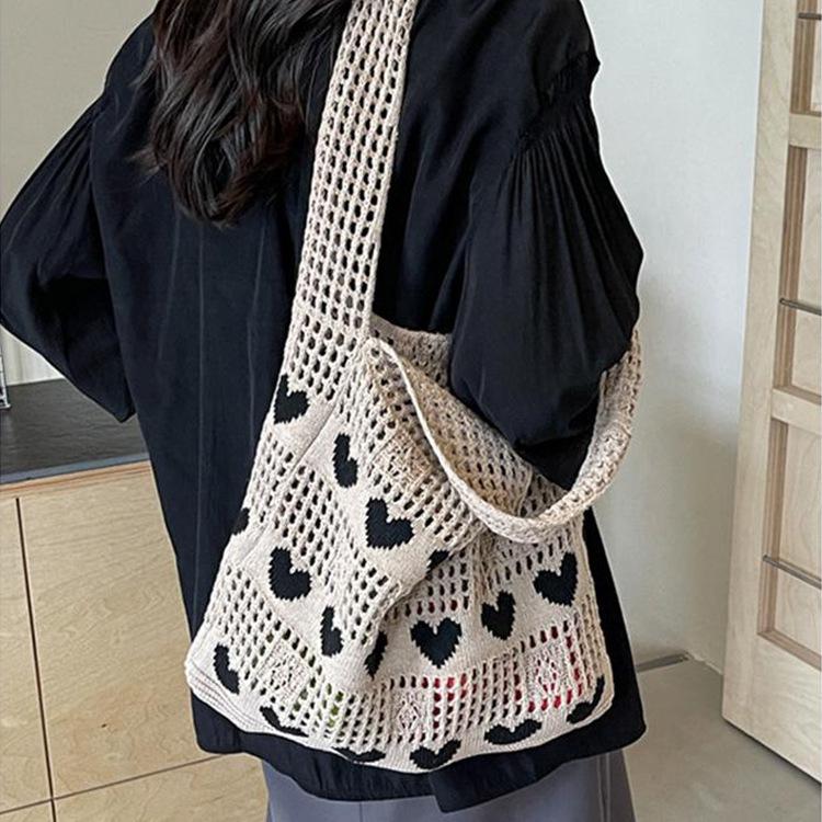 2024 Women's Heart Cutout Knitted Tote: Large-Capacity Handbag, Beach & Shopping Bag