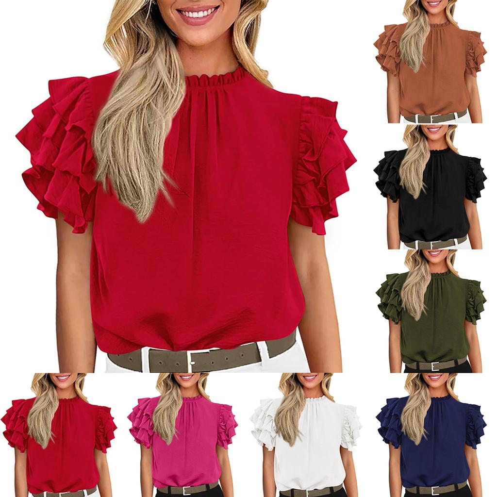 Damen Modisches Rüschen Rundhals Einfarbiges Blasen Kurzarm Oberteil