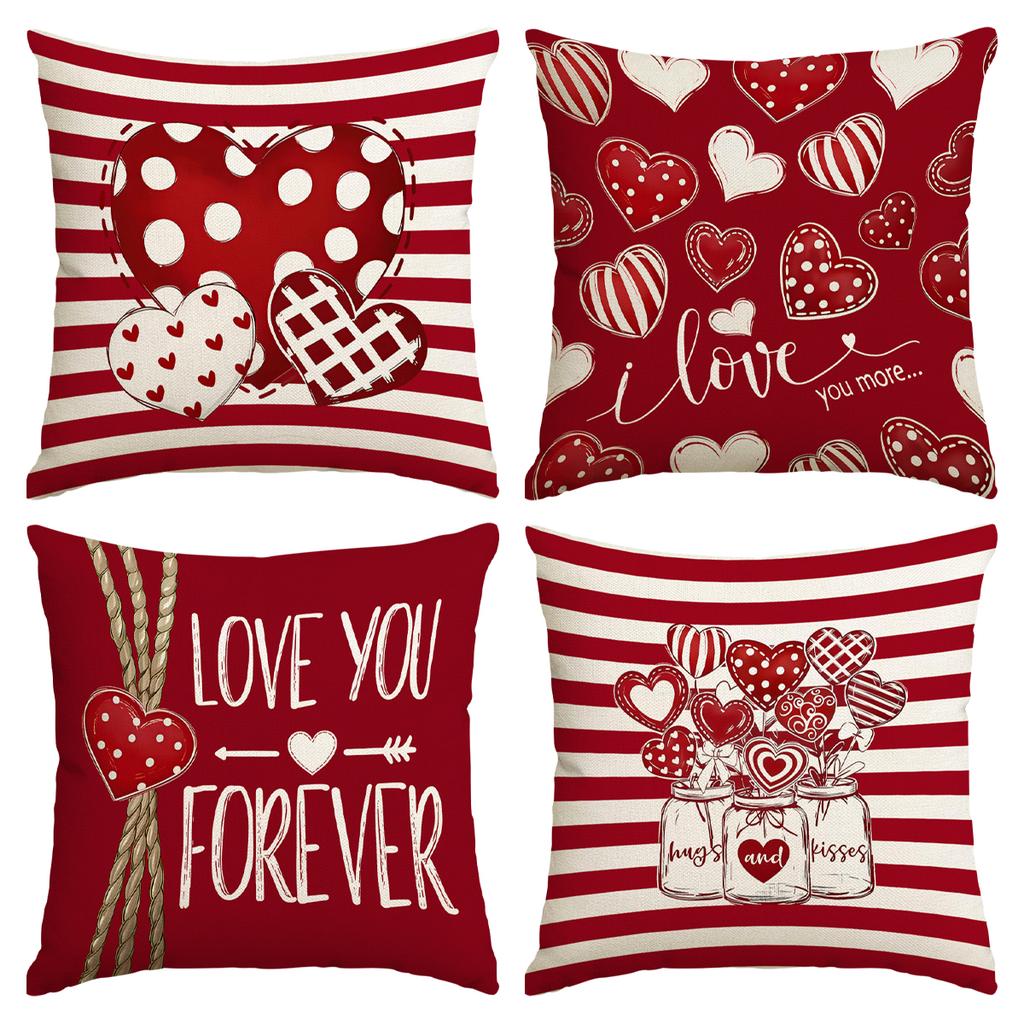 4Pcs Valentine'S Day Pillow Cover, Romantic And Sweet Valentine'S Day Love Flower Printed Sofa Decorative Cushion Cover