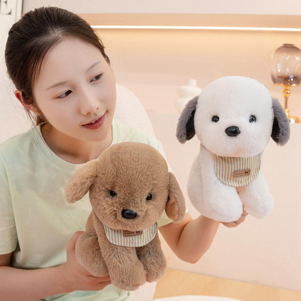 Cute Bib Dog Plush Toy Stuffed Animal Soft Pet Brown / White Puppy Pillow Baby Doll Kawaii Toys for Christmas Birthday Gift