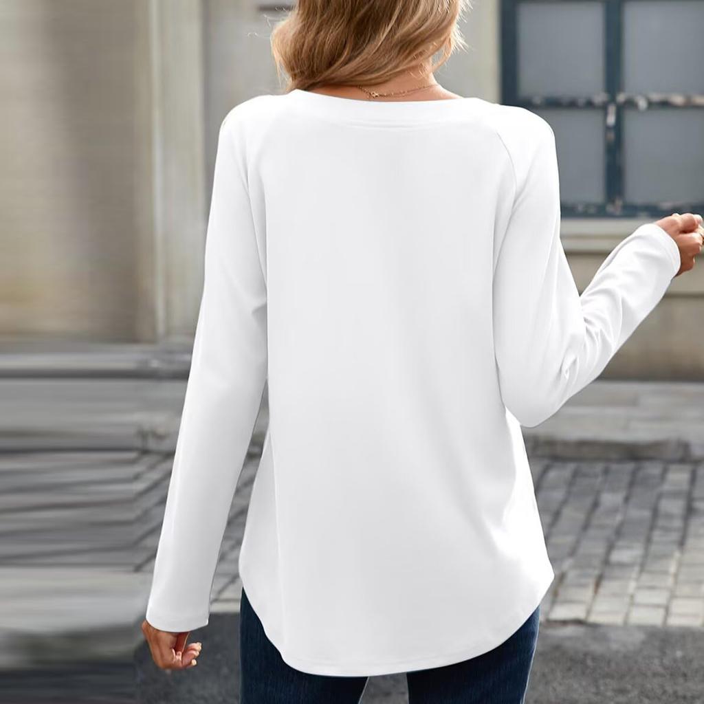 Women's Fashion Solid Colour Casual Loose-Fit V-Neck Versatile Comfortable Long-Sleeved Top