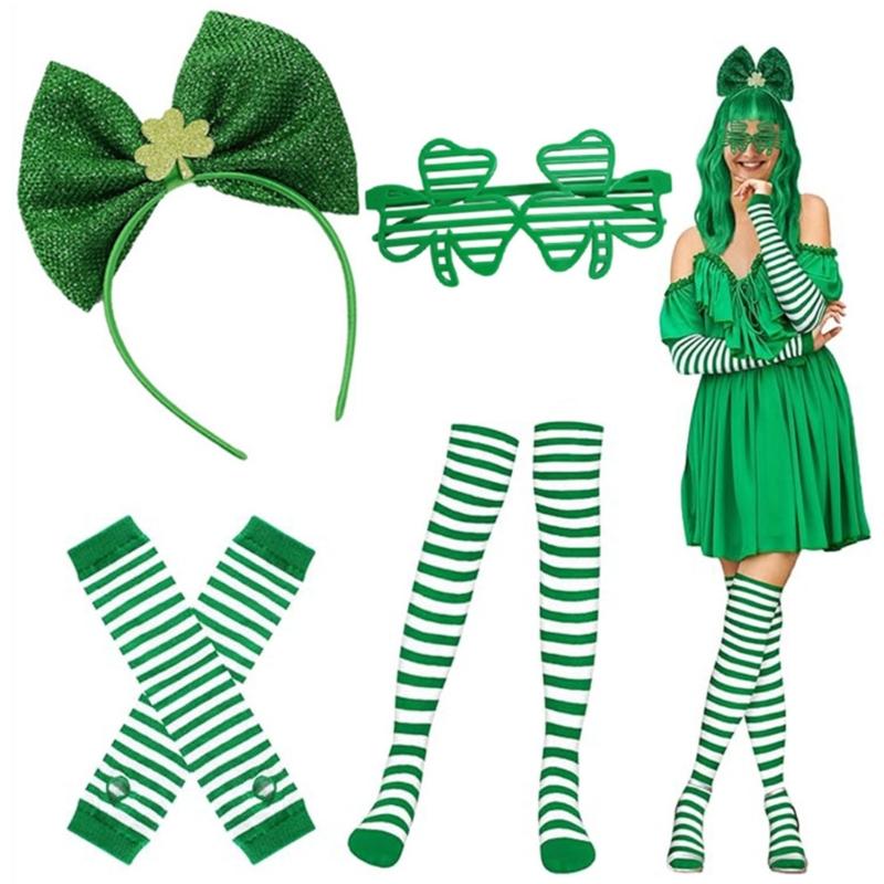 Green Leprechaun Hat Suspenders Striped Thigh High Socks Set Saint Patricks Day Costume Accessories Leprechaun Costume
