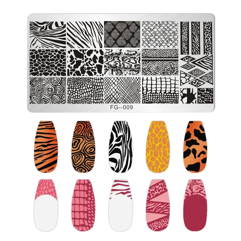 Nagelstempelplatten mit Schlangen- und Leoparden-Motiv, englische Buchstaben, Liebe, Herz, Blätter, Blumen, Design, Druckplatten, Nagelkunst, Schablone, Stempelwerkzeug