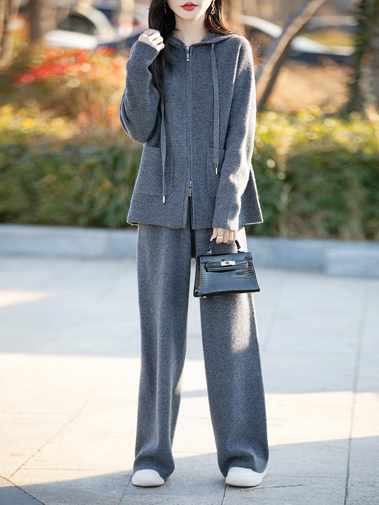 Women's Casual Wool Cardigan & High-Waisted Wide-Leg Knit Pants Set