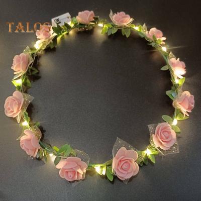 Ghirlanda luminosa romantica con fiori di rosa e LED, fascia per capelli, copricapo, festa di nozze, compleanno, ragazza, ghirlanda luminosa per capelli