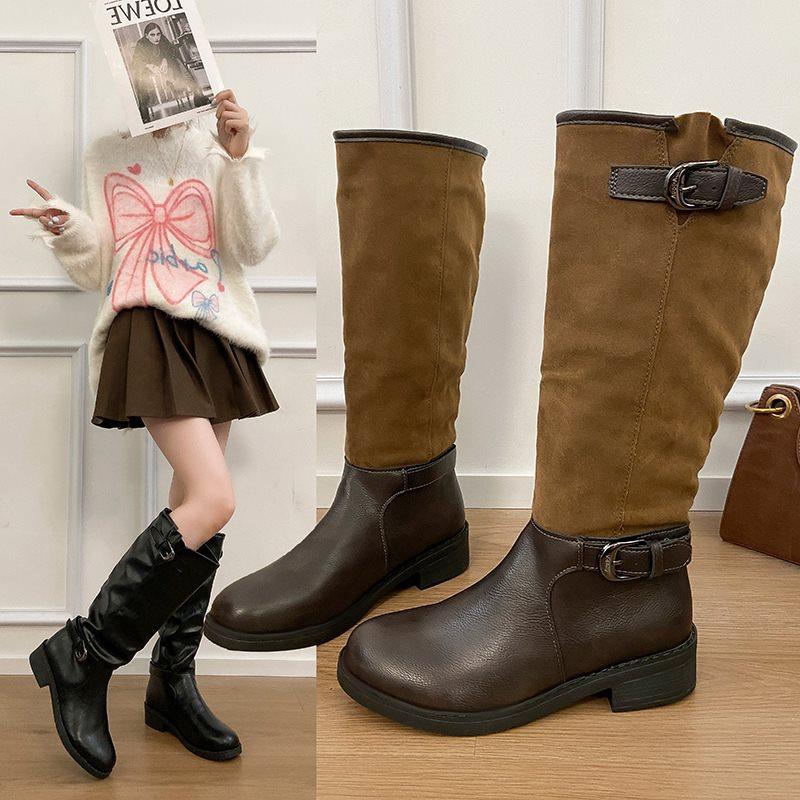 Belt buckle retro pleated new stacking boots women's autumn boots 2025 tall knight versatile large size boots