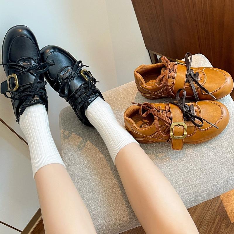 Cowhide~ Retro Double Shoelaces Inner Height-increasing Leather Shoes Women's Round Head Versatile Belt Buckle Casual Sports Ballet Shoes