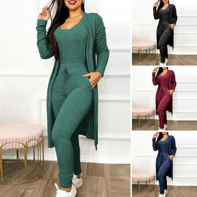 2 Pcs/Set Suit Women Jumpsuit Coat Set Solid Color U Neck Elastic Drawstring Slim Fit High Waist Pockets Mid Length Cardigan
