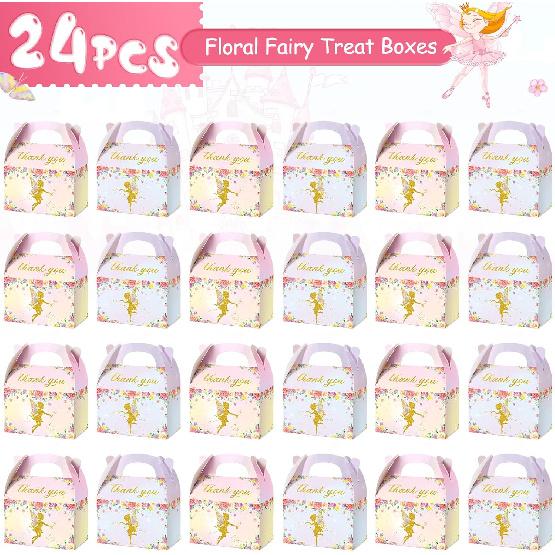 TaoBary 24 Pcs Floral Fairy Treat Boxes Floral Fairy Garden Goodie Party Favor Butterfly Theme Gift Boxes for Girl Birthday Baby Shower Party