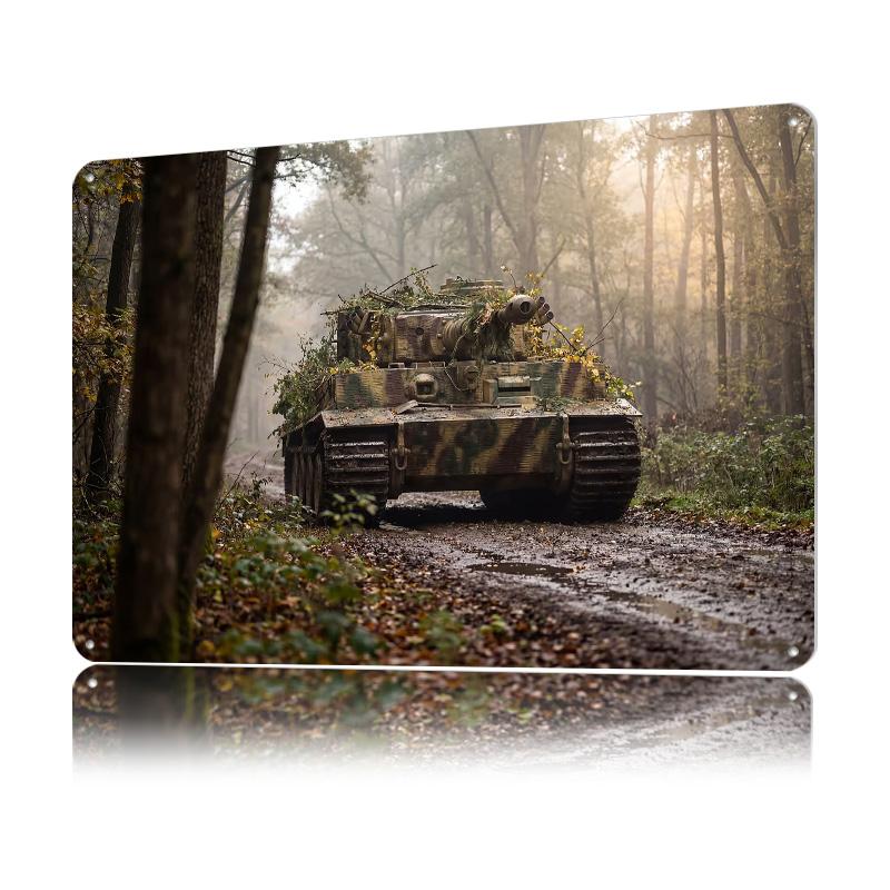 Camouflaged Tank In Forest Metal Poster Customized Wall Art Retro Vintage Tinplate Signs for Home Decorations Living Room House