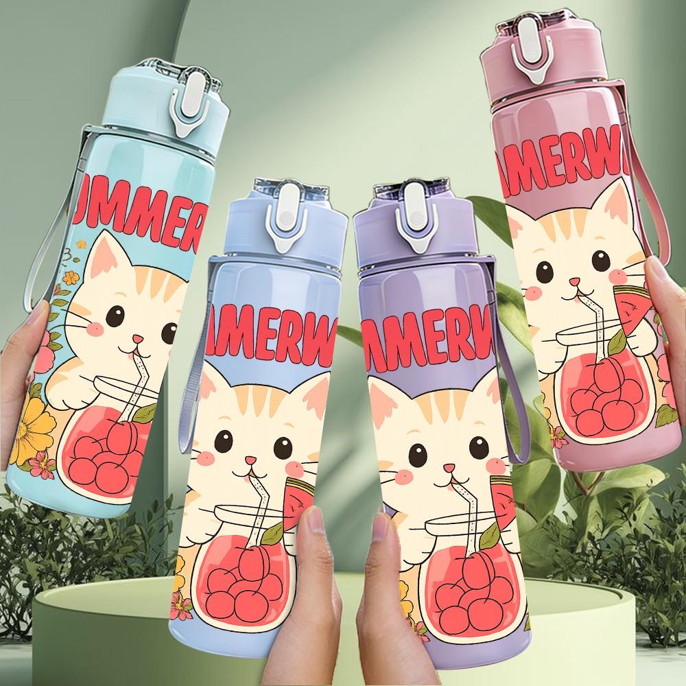 1PC Summerween Floral Cat 750ml Color Plastic Sports Water Bottle Leakproof Flip Straw Lid Suitable for Sports Office Home Use