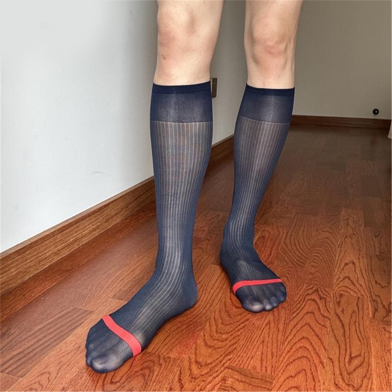 Mens Nylon Sheer Suit Socks Business Dress Socks Contrast Color Striped See Through Formal Dress Over the Calf Stockings