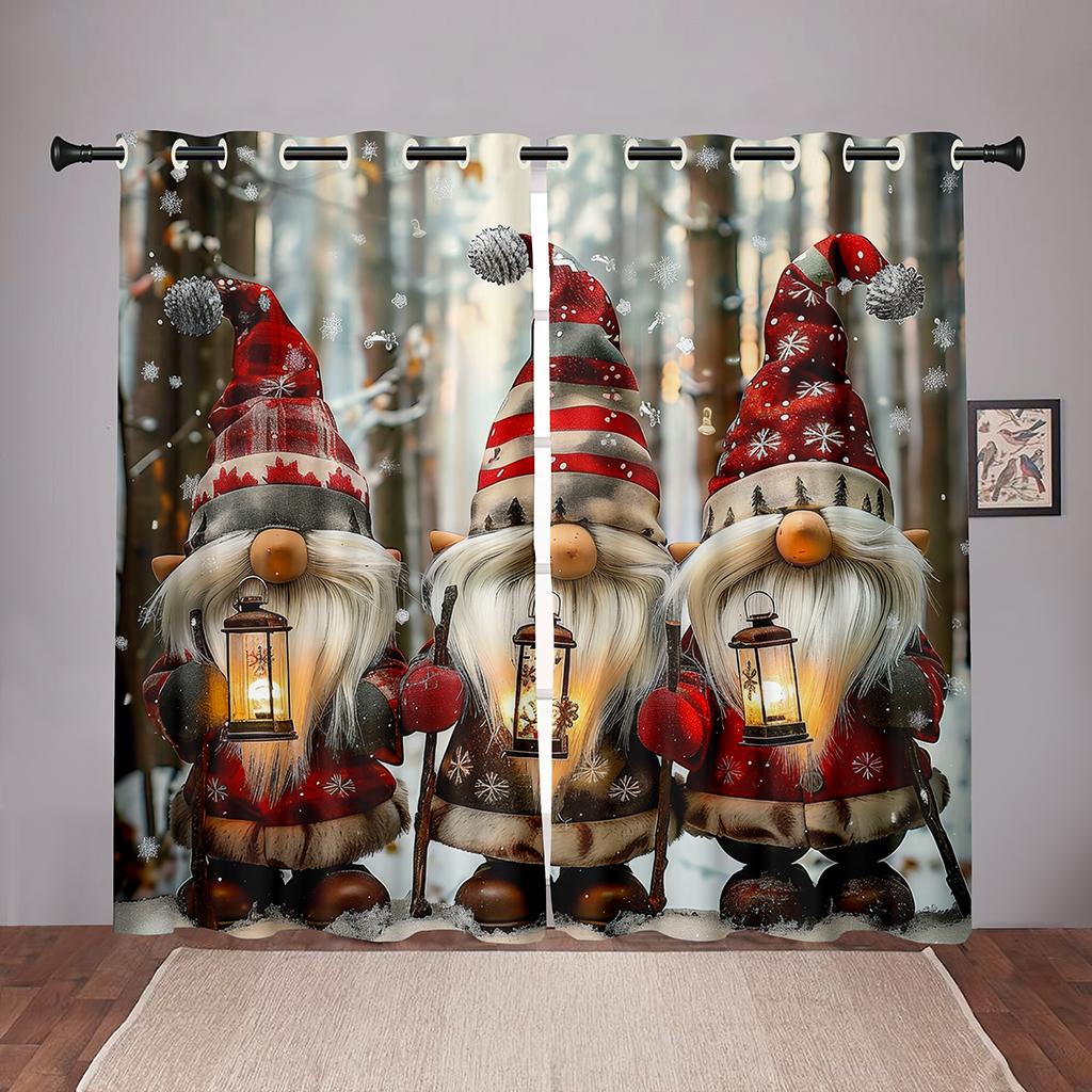 Vánoční gnomské závěsy 2 panely 3D tisk Zatemňovací Zimní dekorace Ložnice Obývací pokoj Severský trpaslík Lucerna Sněhová scéna Svátek
