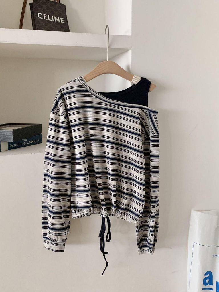 2025 Summer Women's Striped Off-Shoulder Long-Sleeve T-Shirt - Versatile, Simple, Slimming Top for Commute