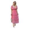 Sheetal Associates Women's Floral Puff Sleeve High Waist A Line Flowy Long Dress (Small, Pink)