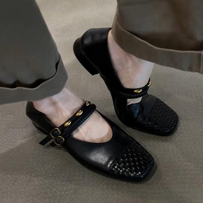 Sheepskin Version~ Genuine Leather Retro Hand-woven Flat-bottomed Shallow Mouth Single Shoes Women's Fashion New One-pedal Mary Jane Shoes
